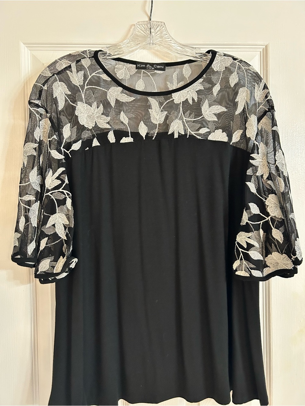 Kim & Cami Black Top with Ivory Floral Mesh Yoke